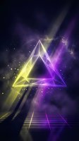 Glowing neon triangle with cosmic rays and grid floor in purple yellow space background for futuristic digital art and sci-fi design projects.