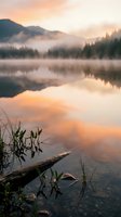 Serene mountain lake at sunrise with misty peaks, calm water reflections, fallen log, and wild grasses in foreground. Peaceful nature landscape for travel and outdoor design projects.