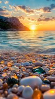 Dramatic sunset over rocky beach with golden light reflecting on smooth pebbles and turquoise waters, majestic cliff silhouette against vibrant orange sky and scattered clouds.