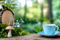 Vintage blue teacup on rustic wooden surface with moss, tree stump, mushroom decoration and tiny flowers in enchanted forest setting.