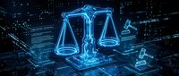 Digital justice scales hologram with glowing blue neon light effects on futuristic technology background for legal tech and law firm presentations.