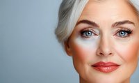 Close up portrait of mature woman with silver hair, bright blue eyes and coral lipstick showing natural aging beauty against light background.