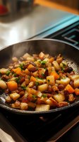 Homemade potato hash with carrots, kidney beans and fresh herbs cooking in cast iron skillet on stovetop, close up view of rustic comfort food preparation.