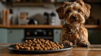 Yorkshire terrier puppy looking at large plate of dry dog food kibble on wooden table in kitchen setting, expressing hungry anticipation with tilted head pose.