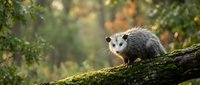 Young opossum sitting on moss-covered log in autumn forest with soft natural lighting and blurred foliage background for wildlife photography.