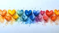Colorful watercolor hearts arranged in rainbow sequence with paint splatter effects on white background, suitable for greeting cards and romantic designs.
