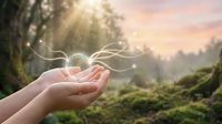 Cupped hands releasing glowing plant sprout with leaves into nature at golden sunrise, symbolizing growth, hope, environmental care and new beginnings.