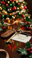 Vintage brass keys with leather keychain and Welcome Home card on table, holly berries and glowing Christmas tree in background.