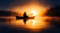 Silhouette of person paddling canoe on misty lake at golden sunrise, dramatic orange sky reflects on calm water surface creating peaceful outdoor scene.