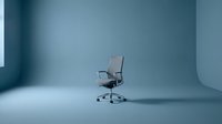 Modern office chair with gray upholstery and chrome base positioned in minimalist studio setting with soft blue lighting, suitable for corporate, business, and furniture design projects.