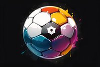 Colorful soccer ball with vibrant paint splashes and gradient segments on black background, modern sports art style design for merchandise and apparel.