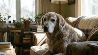 Senior golden retriever dog resting on cozy living room sofa near window with warm natural light, comfortable home interior for pet care content.