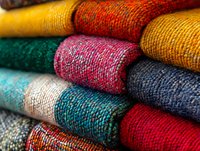Colorful woven textile fabrics stacked in layers showing vibrant threads and traditional craftsmanship patterns for home decor and fashion design projects.