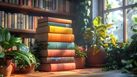 Stack of vintage hardcover books on wooden windowsill with potted plants and natural sunlight streaming through window creating cozy reading atmosphere.
