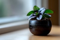 Small green houseplant with dark glossy leaves growing in round black ceramic pot on wooden surface near window, soft natural lighting creates cozy atmosphere.