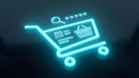 Glowing neon shopping cart with five star rating system in cyan blue light against dark background for e-commerce and online retail concepts.