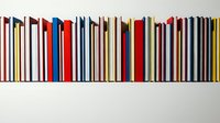 Row of colorful books arranged on white shelf displaying various spine colors and sizes for library, education, and reading concepts.