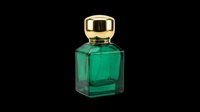 Emerald green glass perfume bottle with gold cap isolated on transparent background, ready for product design, t-shirt graphics, sublimation, print-on-demand, and clipart use.