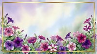 Watercolor petunia flowers in purple and pink tones with a gold frame on a soft pastel background, perfect for greeting cards and invitations.