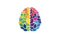 Colorful geometric brain illustration with left and right hemispheres in vibrant rainbow spectrum, symbolizing creativity and logical thinking on white background.