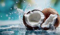 Fresh coconut halves with splashing milk and water drops against turquoise background, dynamic food photography with freeze motion effect and copy space.