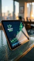 Tablet displaying stock market rally with green bull icon and upward trending charts on screen in modern office with city skyline view through windows at sunset.