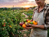 Senior male farmer holding fresh colorful tomatoes at sunset in organic vegetable garden with golden hour lighting and rural landscape background.