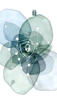 Cybersecurity shield with network connections on abstract geometric shapes in soft green and blue tones for digital protection concepts.