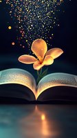 Magical glowing flower emerging from open book pages with sparkling light particles floating upward against dark background, creating ethereal reading atmosphere.