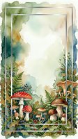 Watercolor forest frame with mushrooms, ferns, and berries, featuring a blank center space for text or design elements.
