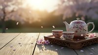 Elegant floral tea set with teapot and cup on wooden table during cherry blossom season with warm sunlight and falling petals creating peaceful atmosphere.