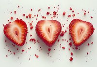 Fresh strawberry halves cut in heart shapes with scattered red crumbs on white background. Ideal for food blogs and healthy eating concepts.