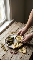 Male hands serving traditional Middle Eastern mezze platter with stuffed grape leaves, hummus and flatbread on rustic wooden table by window for authentic dining.