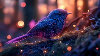 Magical blue bird perched on mossy branch at dusk with glowing bokeh lights and sparkles creating dreamy atmosphere for fantasy nature photography and design projects.