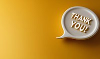 White speech bubble with thank you text on vibrant yellow background with dramatic shadow, minimalist composition for business communication and gratitude.