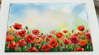 Watercolor poppy field painting with vibrant red flowers and soft blue sky, capturing the natural beauty of a blooming meadow in summer.