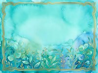 Watercolor floral composition with turquoise sky gradient and lush green foliage, framed by ornate gold border, suitable for invitations and backgrounds.