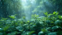 Fresh green leaves covered with water drops during spring rain, natural bokeh background creates serene atmosphere for nature and wellness concepts.