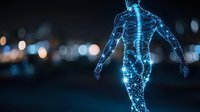 Glowing blue holographic human figure with visible spine and skeletal structure walking against dark cityscape background with bokeh lights. Digital healthcare concept.