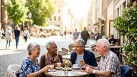 Mature adults enjoying outdoor lunch at sidewalk cafe on sunny urban street with blurred pedestrians and historic architecture in background, suitable for lifestyle, travel, and senior community content.
