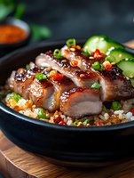 Glazed pork belly slices served on rice with fresh cucumber, green onions and chili in black ceramic bowl. Asian fusion cuisine with sweet and spicy sauce.