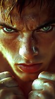 Intense close-up portrait with dramatic lighting showing piercing green eyes, sweat-covered skin, and clenched fists in threatening pose against dark background.