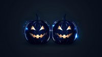 Glowing blue jack o lanterns with carved spooky faces on dark background, illuminated from within creating eerie Halloween atmosphere. Decorative seasonal design elements.