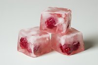 Three pink ice cubes with frozen raspberries stacked on a white background, perfect for summer drink menus, food blogs, and beverage advertising.