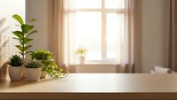 Cozy home interior with green houseplants on wooden surface near bright window with natural sunlight streaming through curtains creating warm atmosphere.