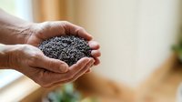 Adult hand holding poppy seeds in palm, close-up shot with warm natural lighting and blurred background for food and cooking content.
