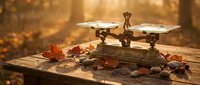 Antique brass balance scale on rustic wooden table with autumn leaves and stones in warm golden forest light.
