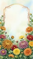 Watercolor chrysanthemum frame with ornate golden border and blank space for text, autumn floral design for invitations and greeting cards.
