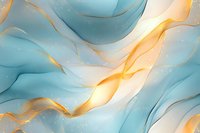 Flowing abstract waves in turquoise and gold create elegant marble effect with soft curves and luminous highlights on white background. Luxury design pattern.