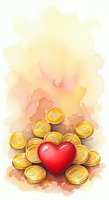 Red heart surrounded by golden coins on watercolor background for love and money concept designs.